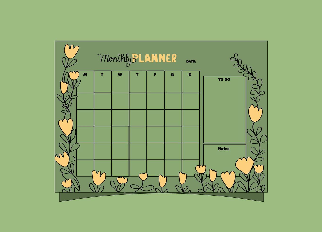 yellow flower monthly planner template. Planner for daily and weekly organizing. vector