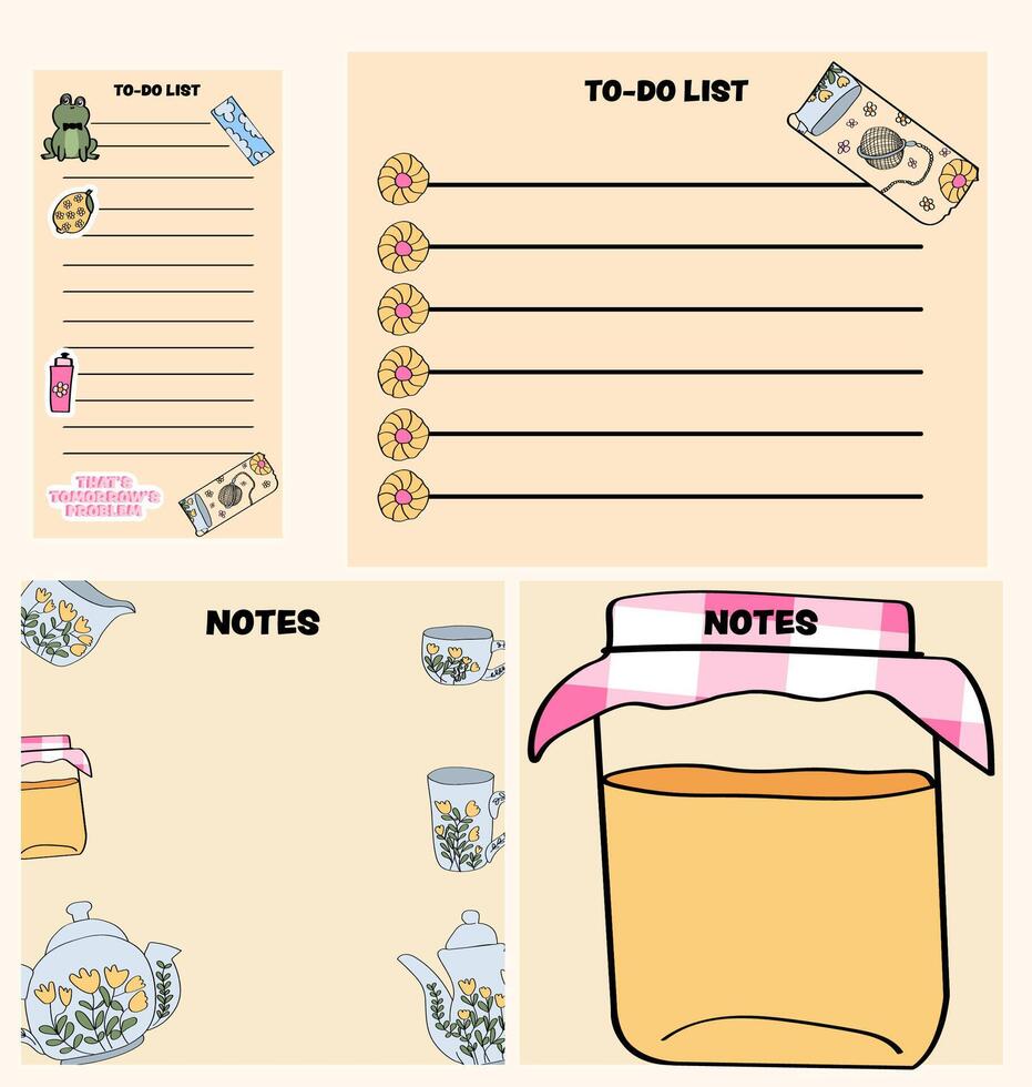 tea time themed notepad and memo page set vector