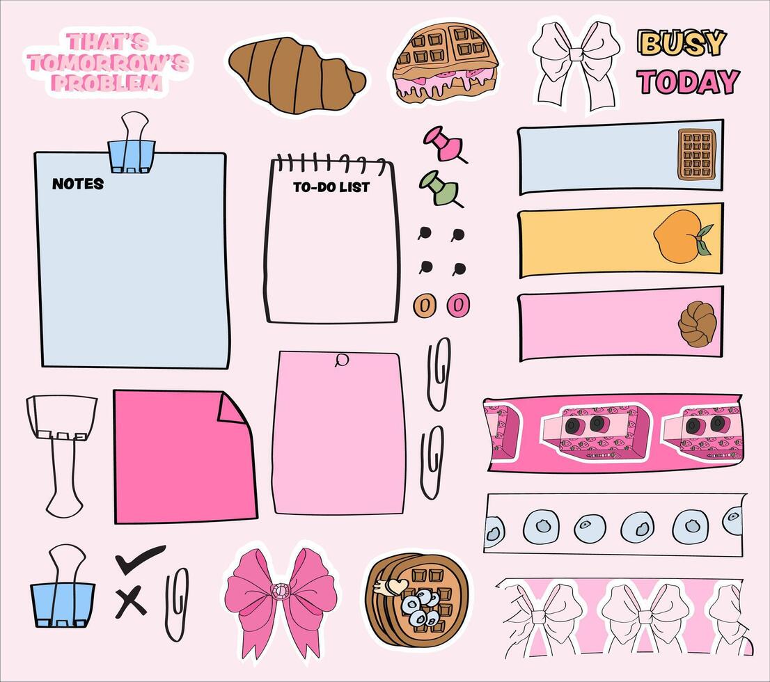 cute girly Planner stickers, sticky notes, and washi tape collection. planner elements for journaling and scrapbooking. vector