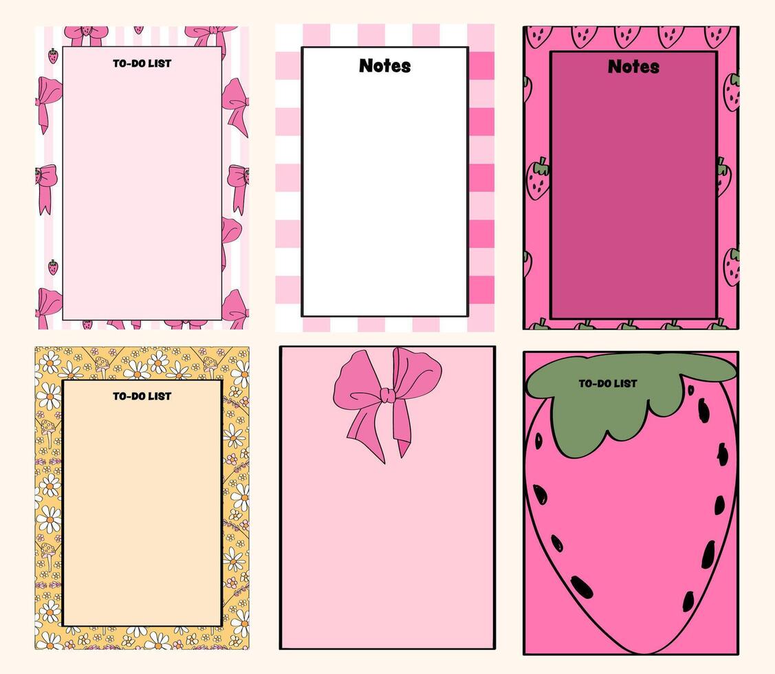 cute notepad page design collection. Cute pink girly notepad pages. vector