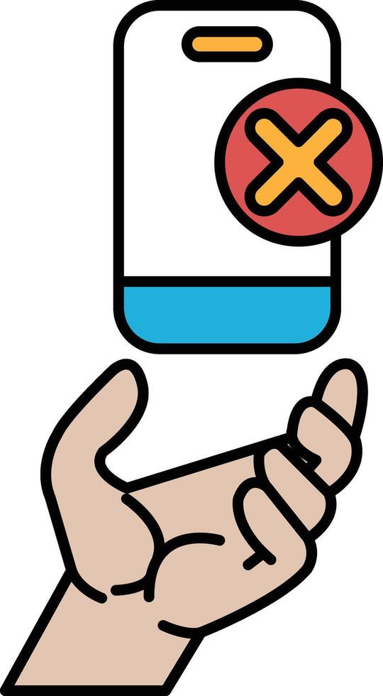 A hand holding a cell phone with a red X on it vector