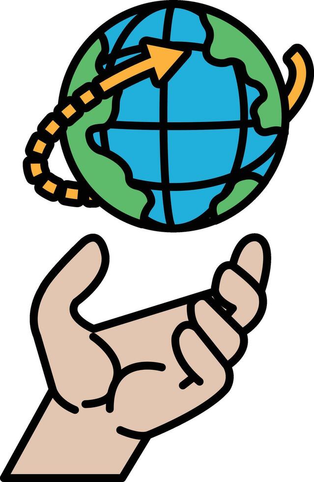 A hand is holding a globe with a green and blue color vector