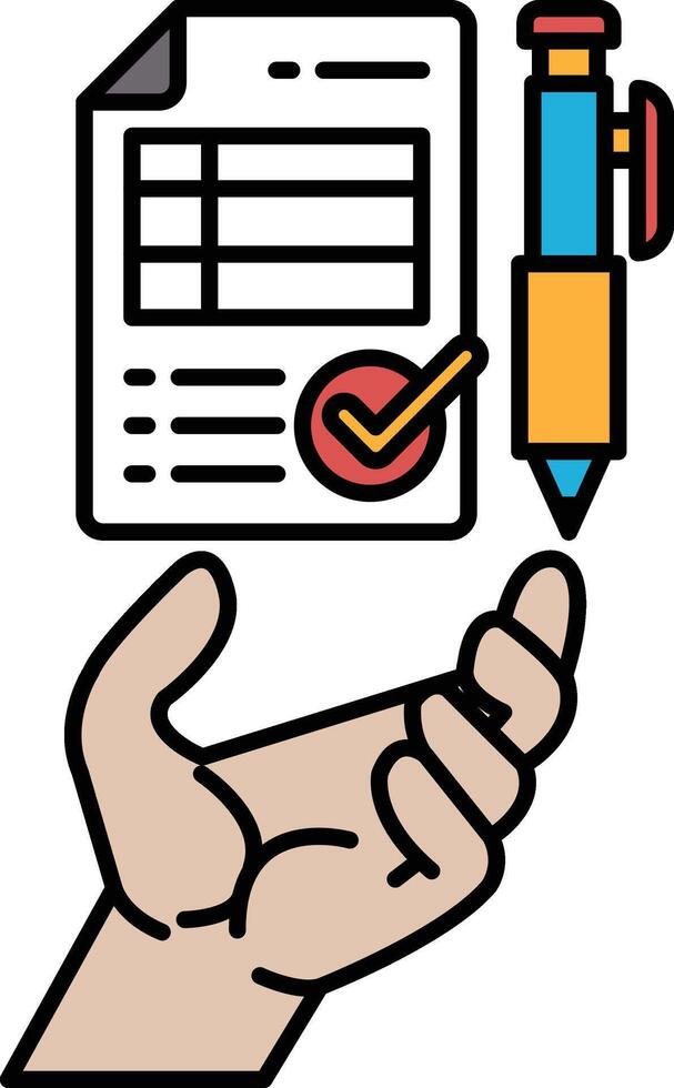 A hand holding a pen and a piece of paper with a check mark on it vector