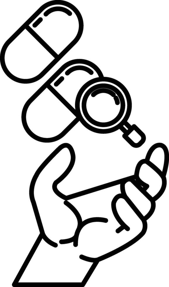 hand holding a pill and magnifying glass vector