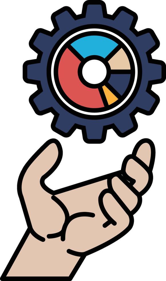 A hand holding a gear with a pie chart on it vector