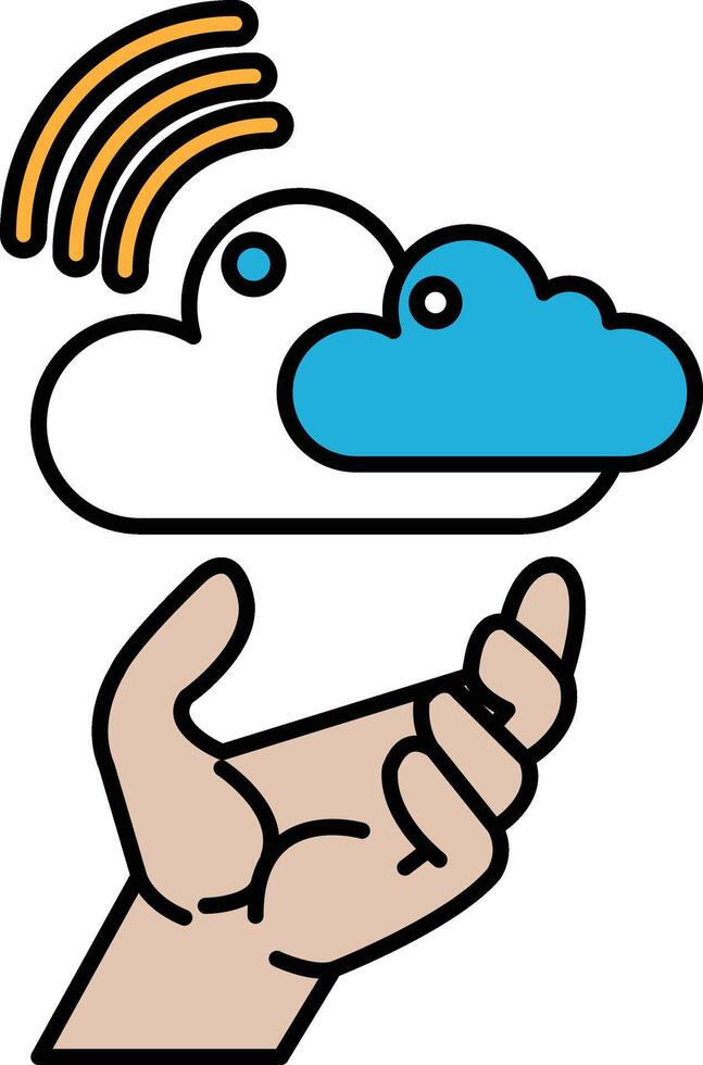 A hand holding a cloud with a blue and white sky in the background vector