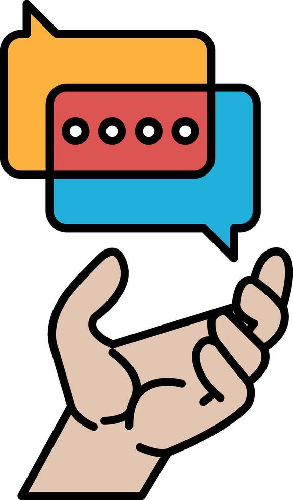 A hand holding two speech bubbles, one blue and one red vector