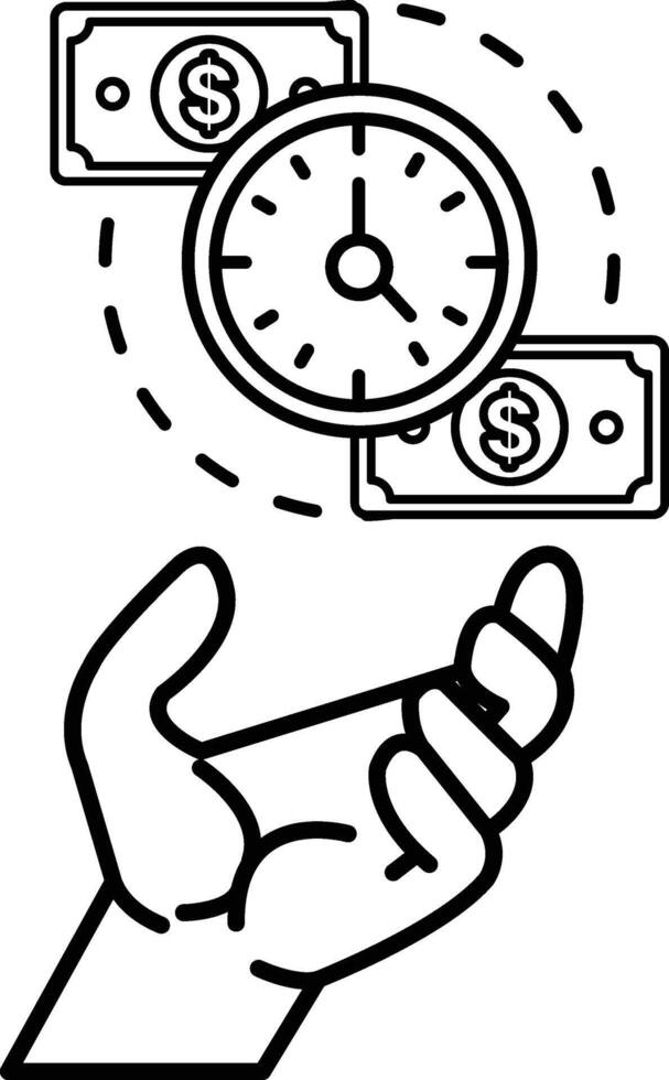 hand holding a stack of money and a clock vector