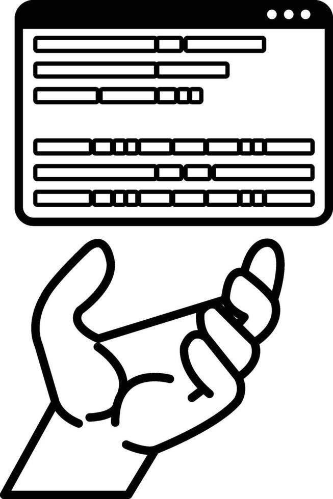 hand is holding a computer screen with a lot of text on it vector