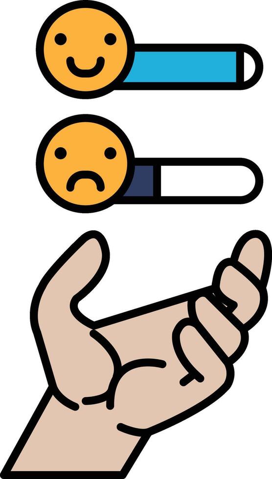 A hand is holding a smiley face and a frowning face vector