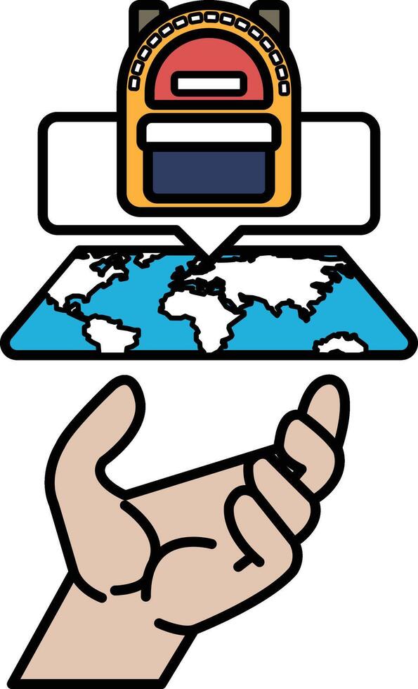 A hand holding a backpack with a map of the world in the background vector