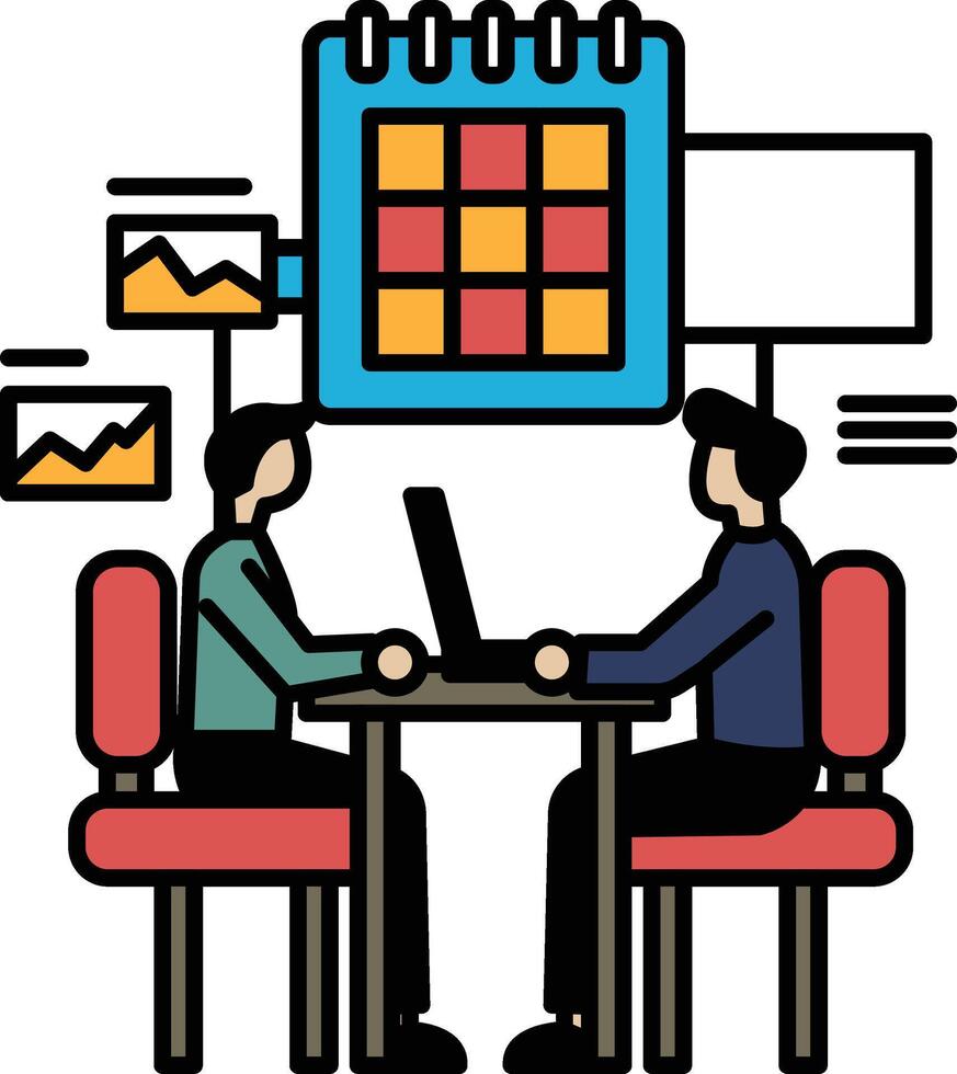 Two men sitting at a table with a calendar behind them vector