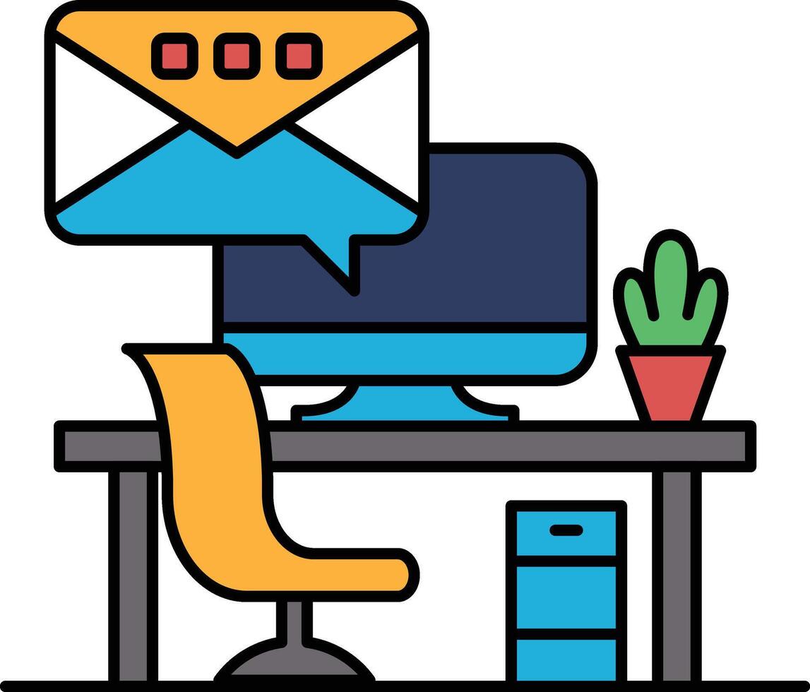 A computer desk with a chair, a monitor, and a potted plant vector