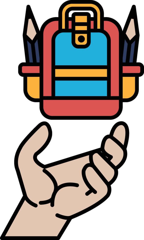 A hand holding a backpack with pencils and pens vector