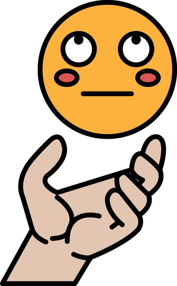 A hand is holding a yellow face with a red blush vector