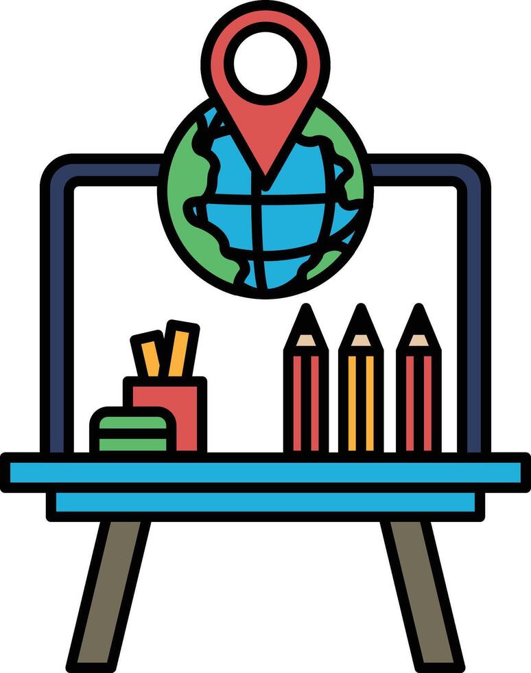 A laptop is on a desk with a globe and pencils vector