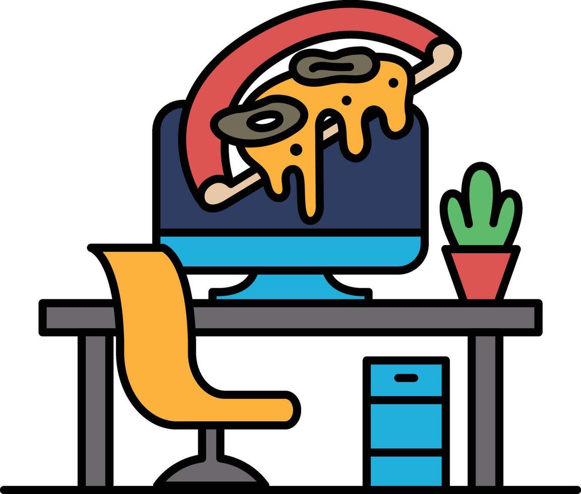 A computer monitor is covered in melted cheese and pepperoni vector