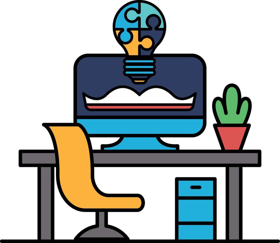 A computer monitor with a light bulb on it is on a desk with a chair vector