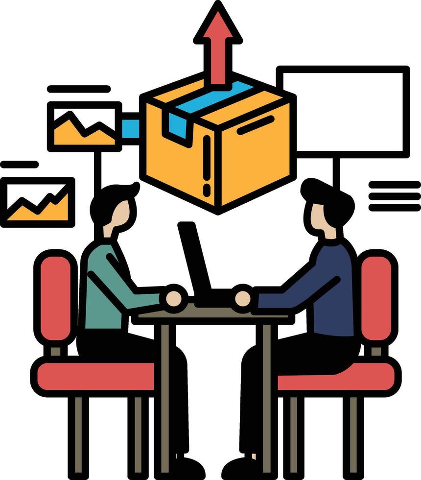 Two men sitting at a table with a box in the middle vector