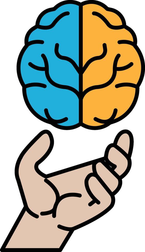 A hand holding a brain with the left half blue and the right half orange vector
