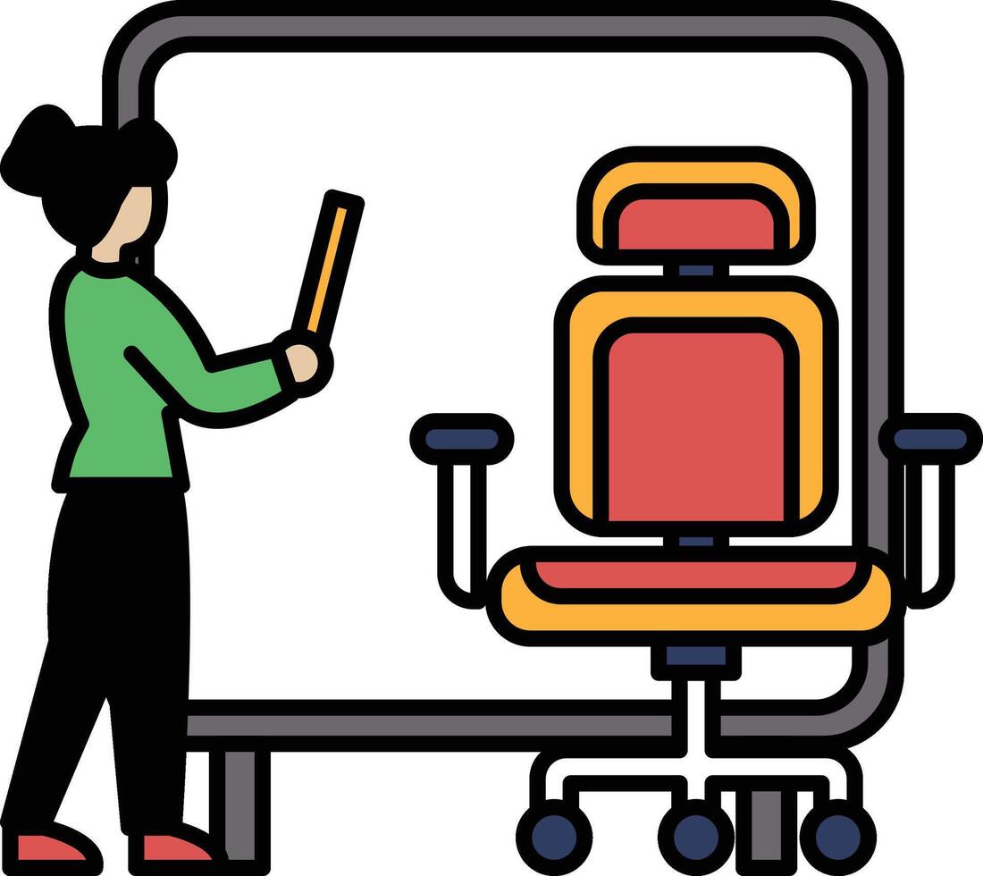 A woman is standing in front of a white board with a chair in the background vector