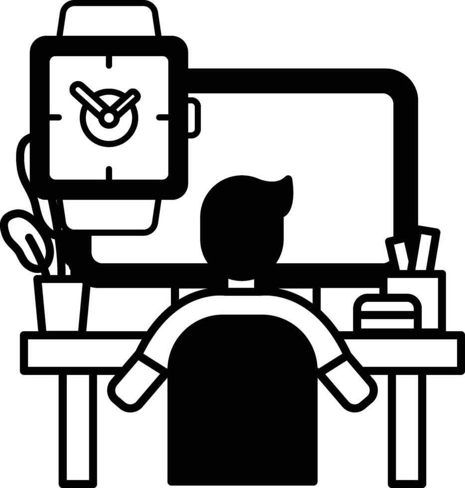 man is sitting at a desk with a computer monitor and a watch vector