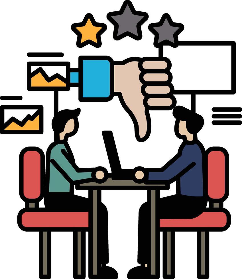 Two men sitting at a table with a thumbs down gesture on the table vector