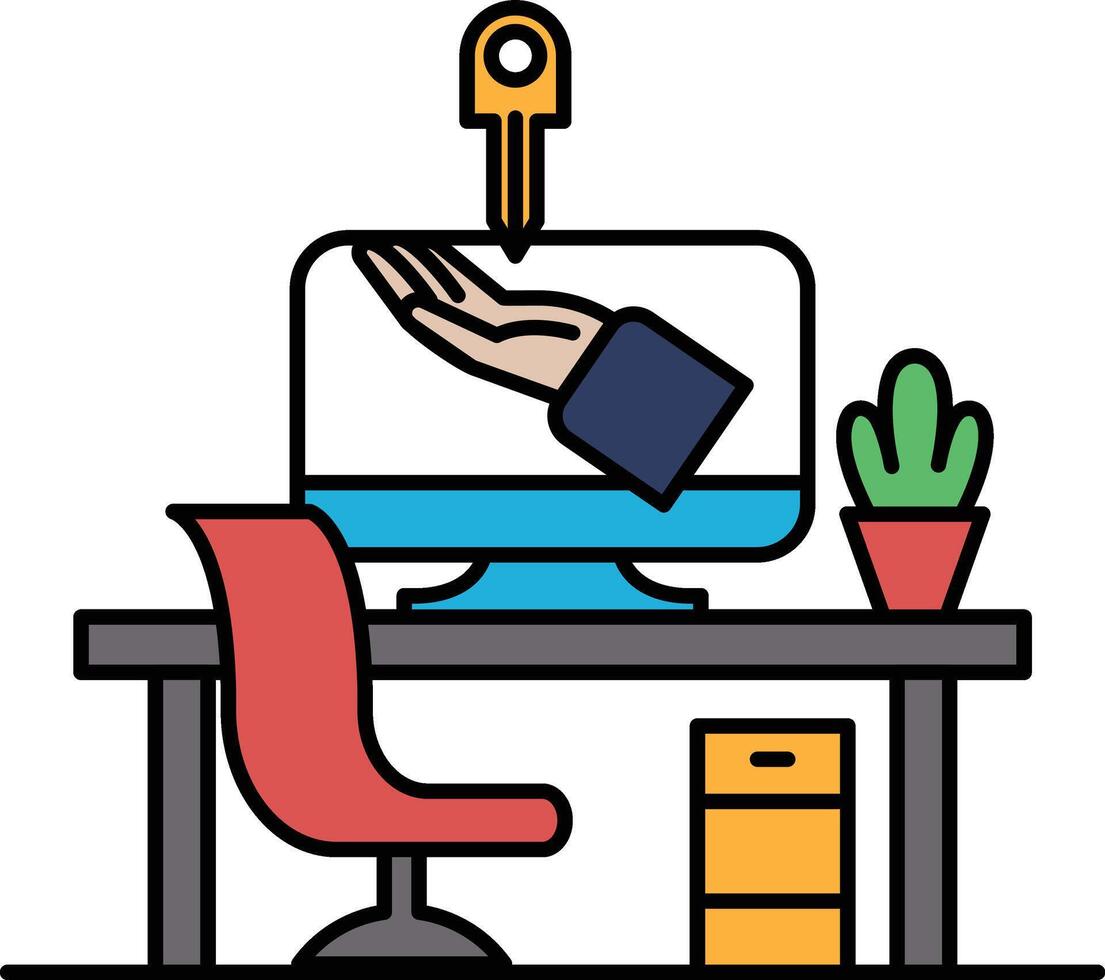 A computer monitor with a hand on it and a key on the screen vector