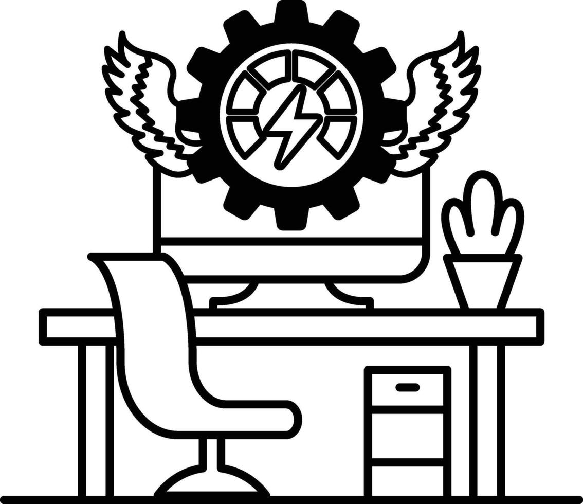 computer monitor sits on a desk with a plant and a chair vector