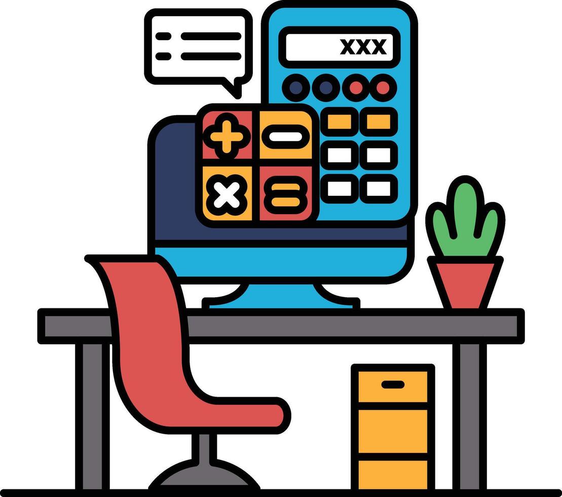 A computer monitor with a calculator on it sits on a desk vector