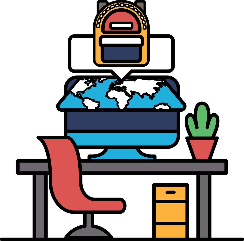 A computer monitor with a globe on it and a backpack on the screen vector