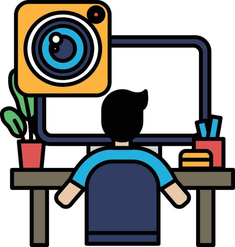 A man is sitting at a desk with a computer monitor and a camera vector
