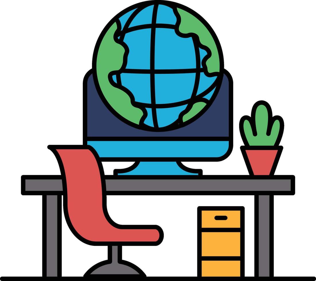 A computer monitor sits on a desk with a globe and a potted plant in front of it vector