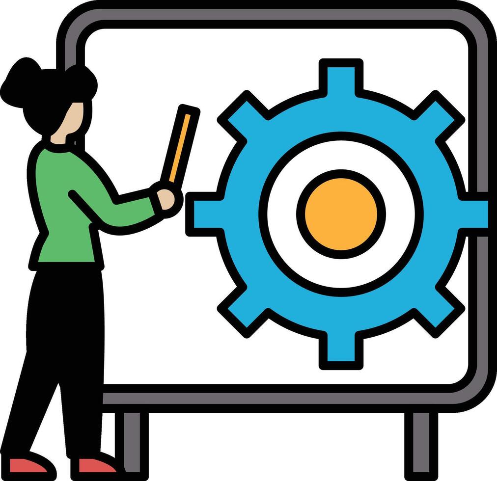 A woman is drawing a gear on a white board vector