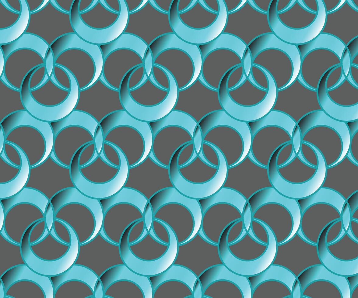 Seamless abstract pattern of interlocking turquoise rings on a dark gray background, creating a modern and futuristic 3D effect. vector