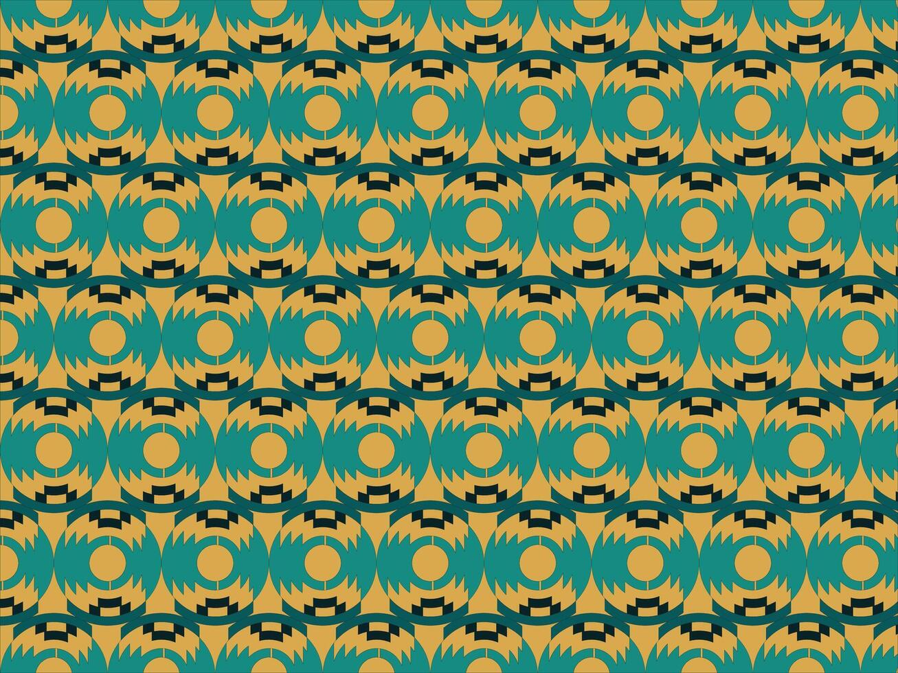 Seamless geometric pattern with bold circular shapes in teal and ochre, forming a dynamic retro-inspired textile or wallpaper design vector