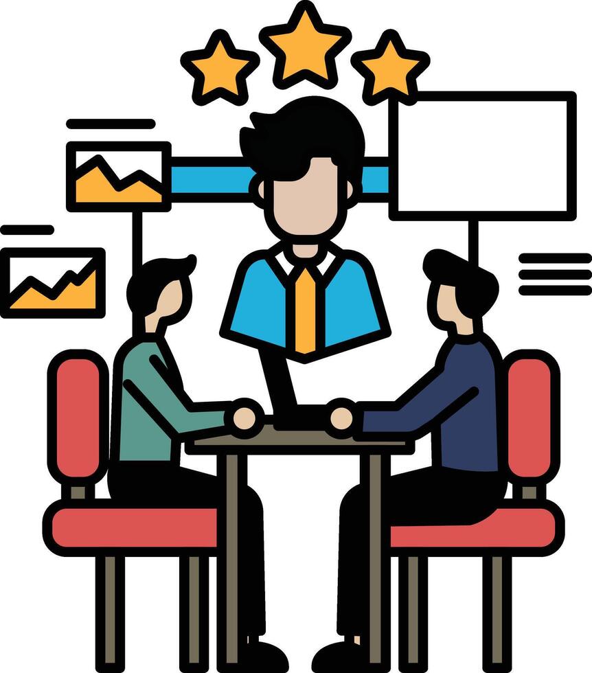 Three men are sitting around a table with a man in the middle vector