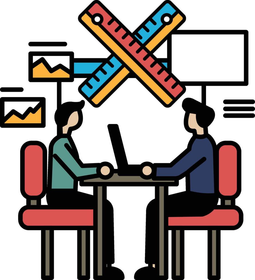 Two men sitting at a table with a ruler and a laptop vector