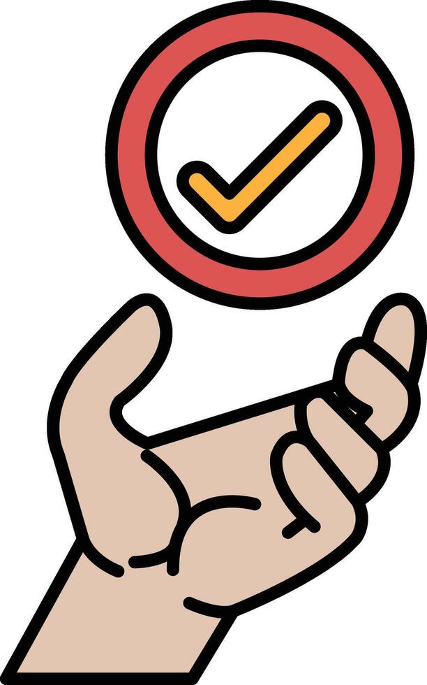 A hand holding a red circle with a check mark in the middle vector