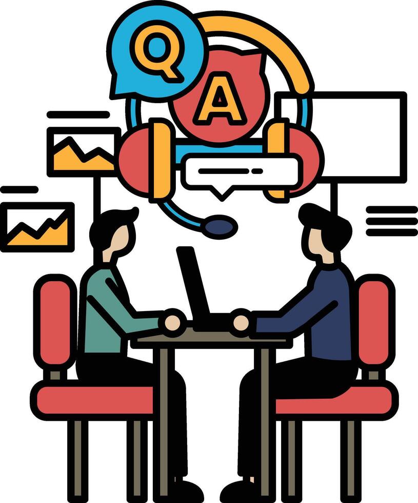 Two men are sitting at a table, one of them is wearing a headset vector