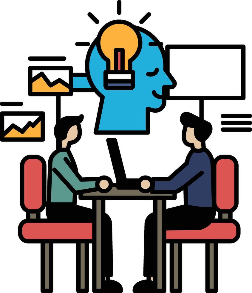 Two men sitting at a table with a light bulb on their heads vector