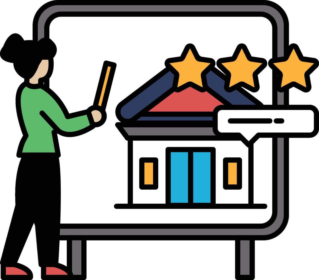 A woman is standing in front of a building with a star rating vector