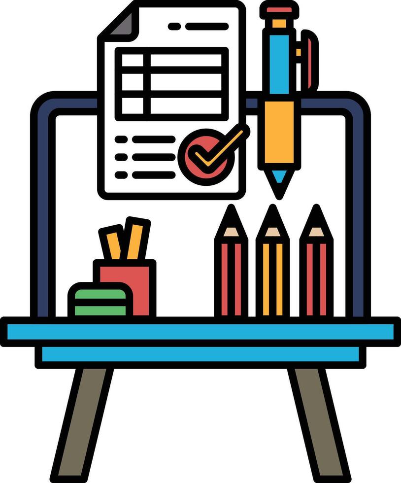 A desk with a laptop, a piece of paper, a pen, and a pencil vector