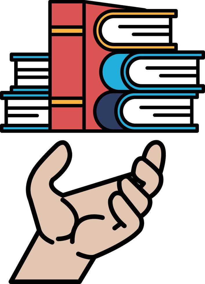 A hand is holding a stack of books vector