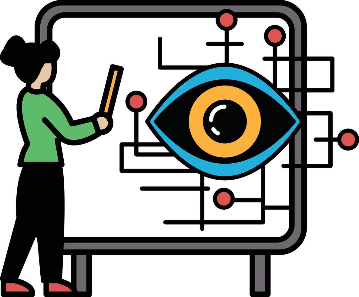 A woman is drawing an eye on a white board vector