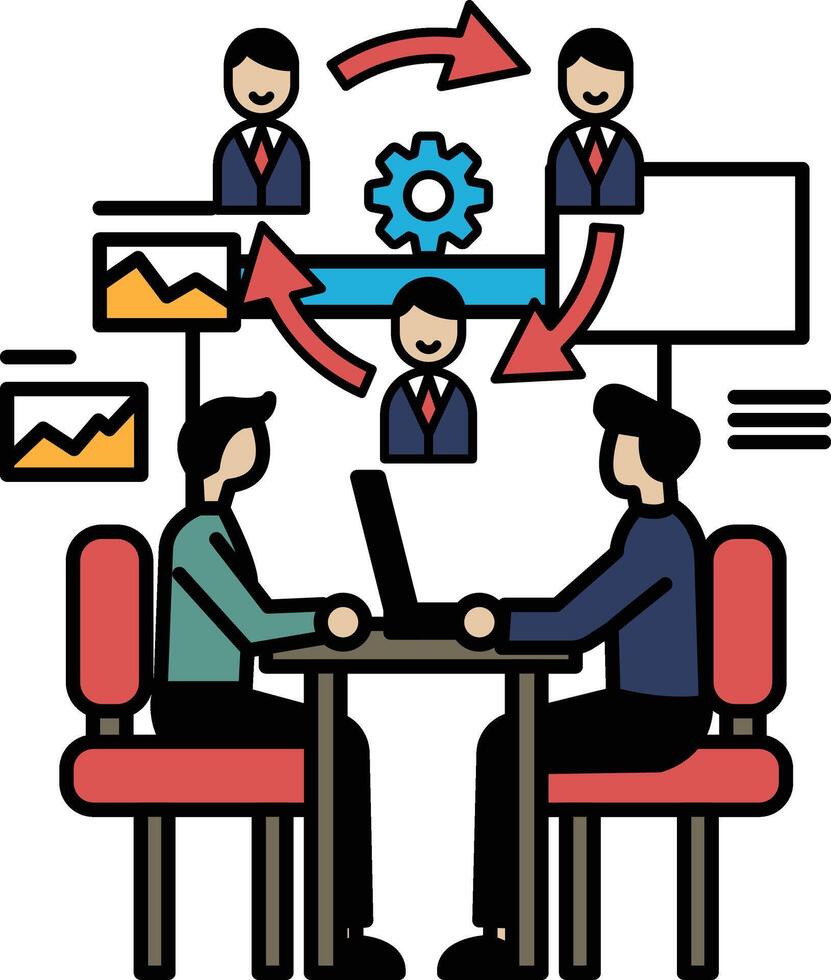 A group of people are sitting around a table with a laptop in front of them vector