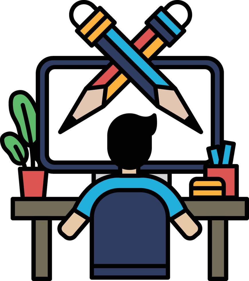 A man is sitting at a desk with a computer monitor and a pair of pencils vector