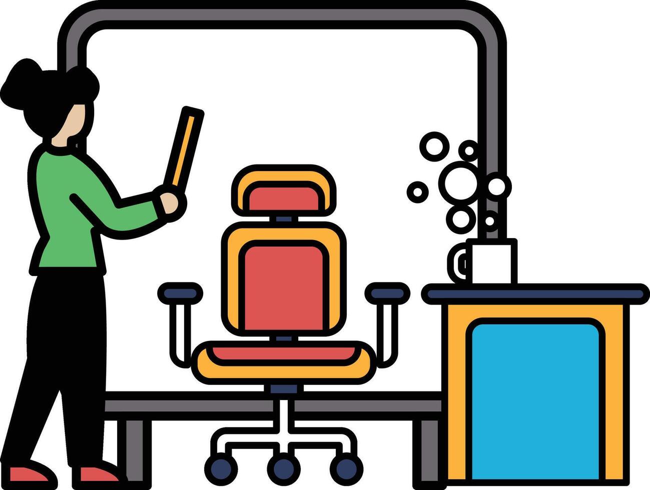 A woman is standing in front of a desk with a chair and a cup vector