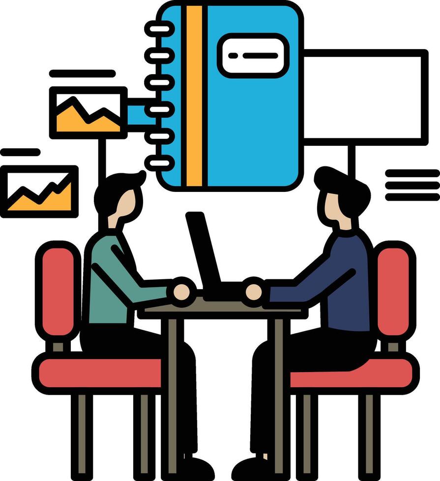 Two men sitting at a table with a blue book in front of them vector