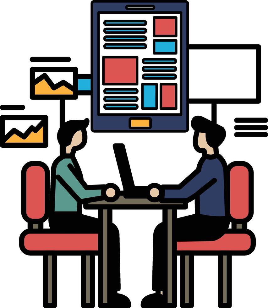 Two men sitting at a table with laptops, one of them wearing a hat vector